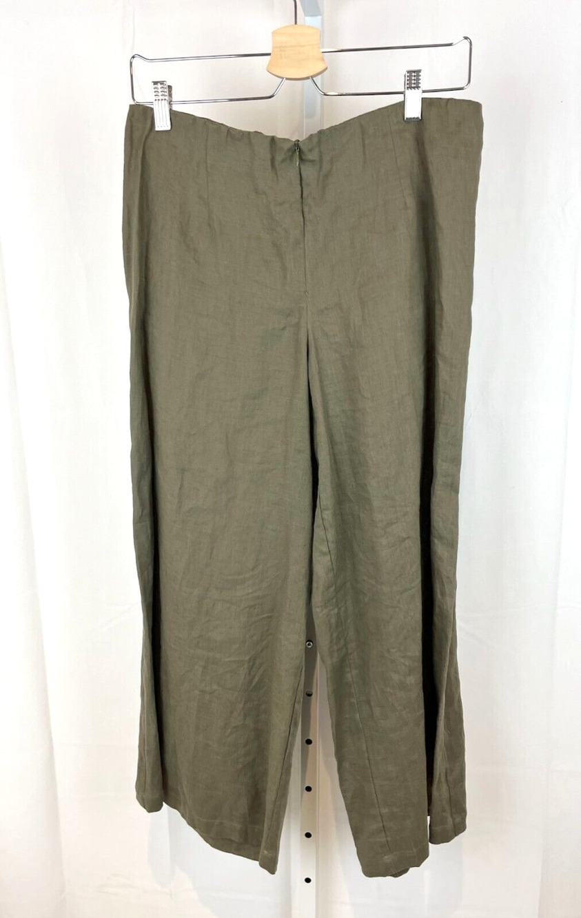 COMFY USA Size M Wide Leg Linen Crop Pants Zip Up Flat Front USA Olive Green